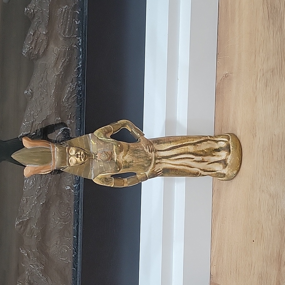 Egyptian Figurine 15 3/4Inch Tall Wood Carved & Metal